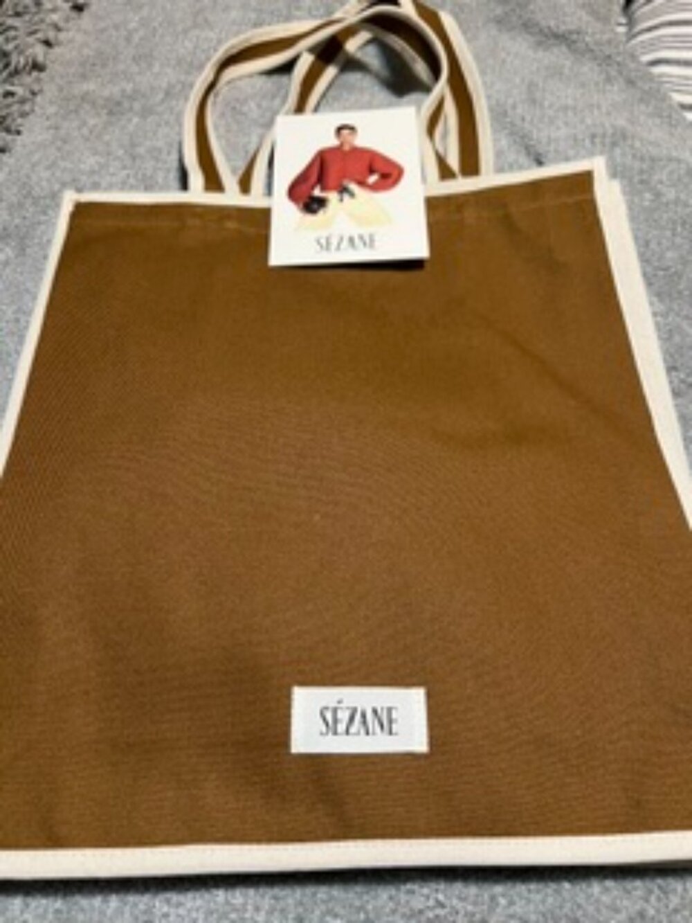 NWOT Sezane New Style Heavyweight Brown/Cream Tote Bag w/ Zipper Compartment